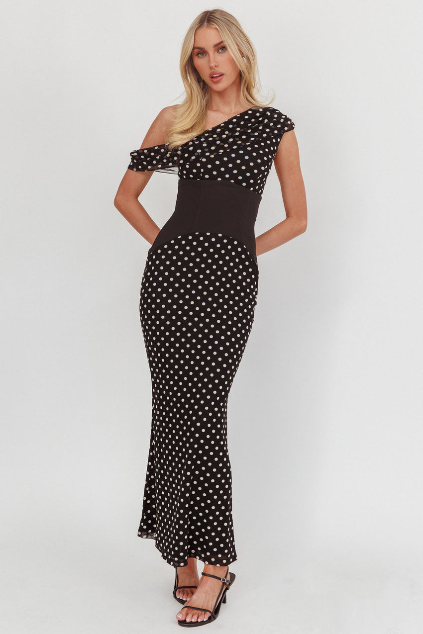 Milos Asymmetric Neckline Maxi Dress Black Dot