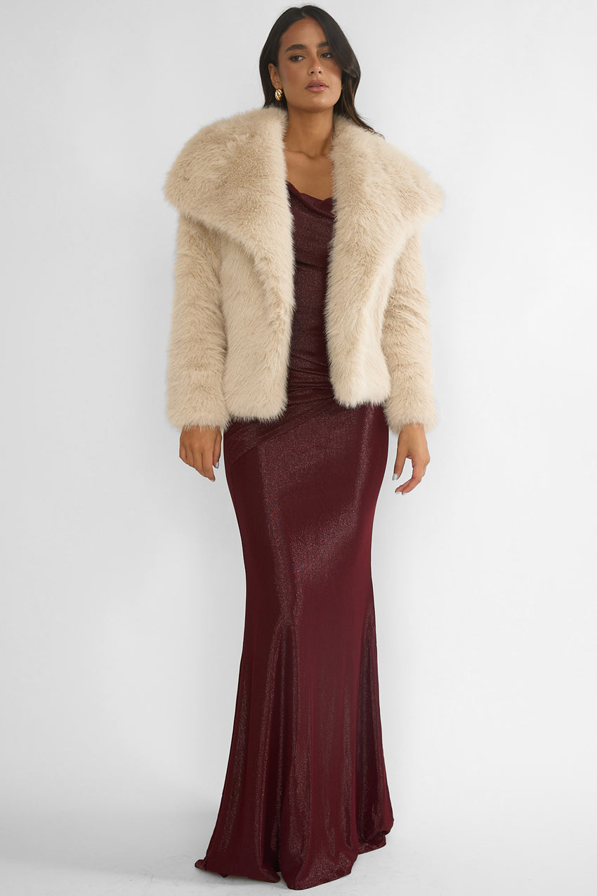Harlequinn Oversized Lapel Faux Fur Jacket Taupe