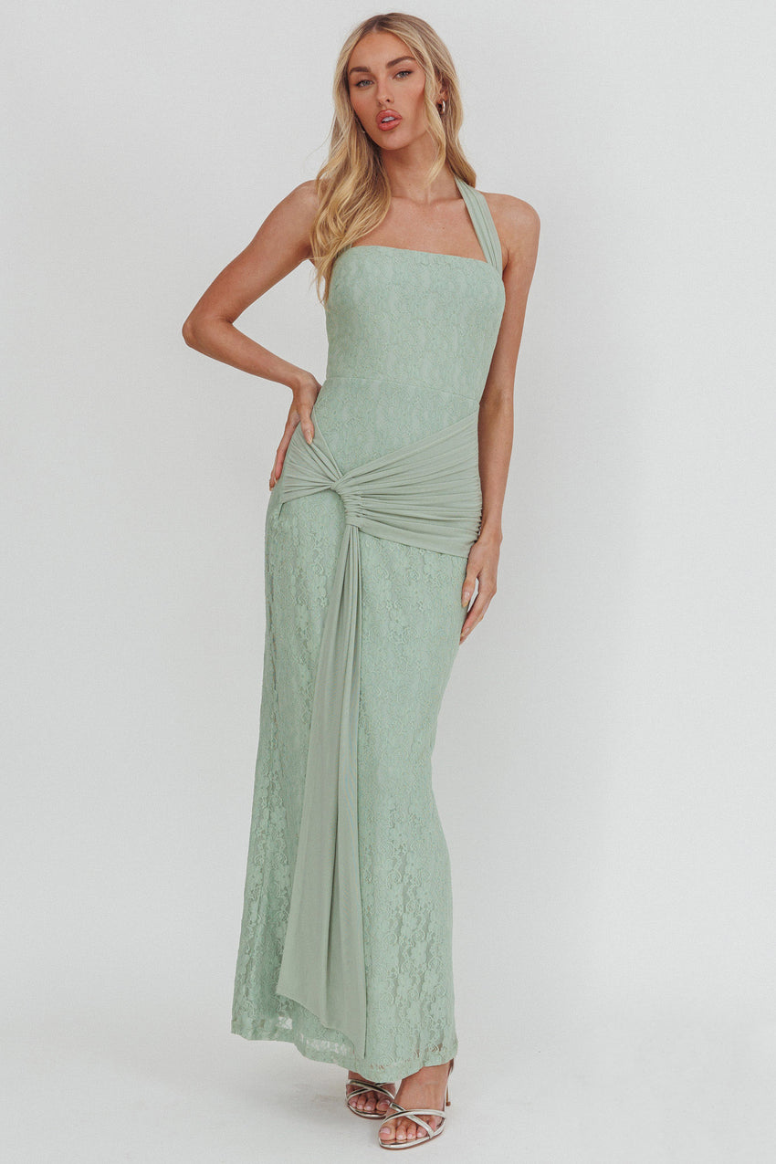 Luli Waist Sash Halter Maxi Dress Lace Sage
