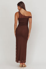 Sher One-Shoulder Lace Panel Maxi Dress Chocolate