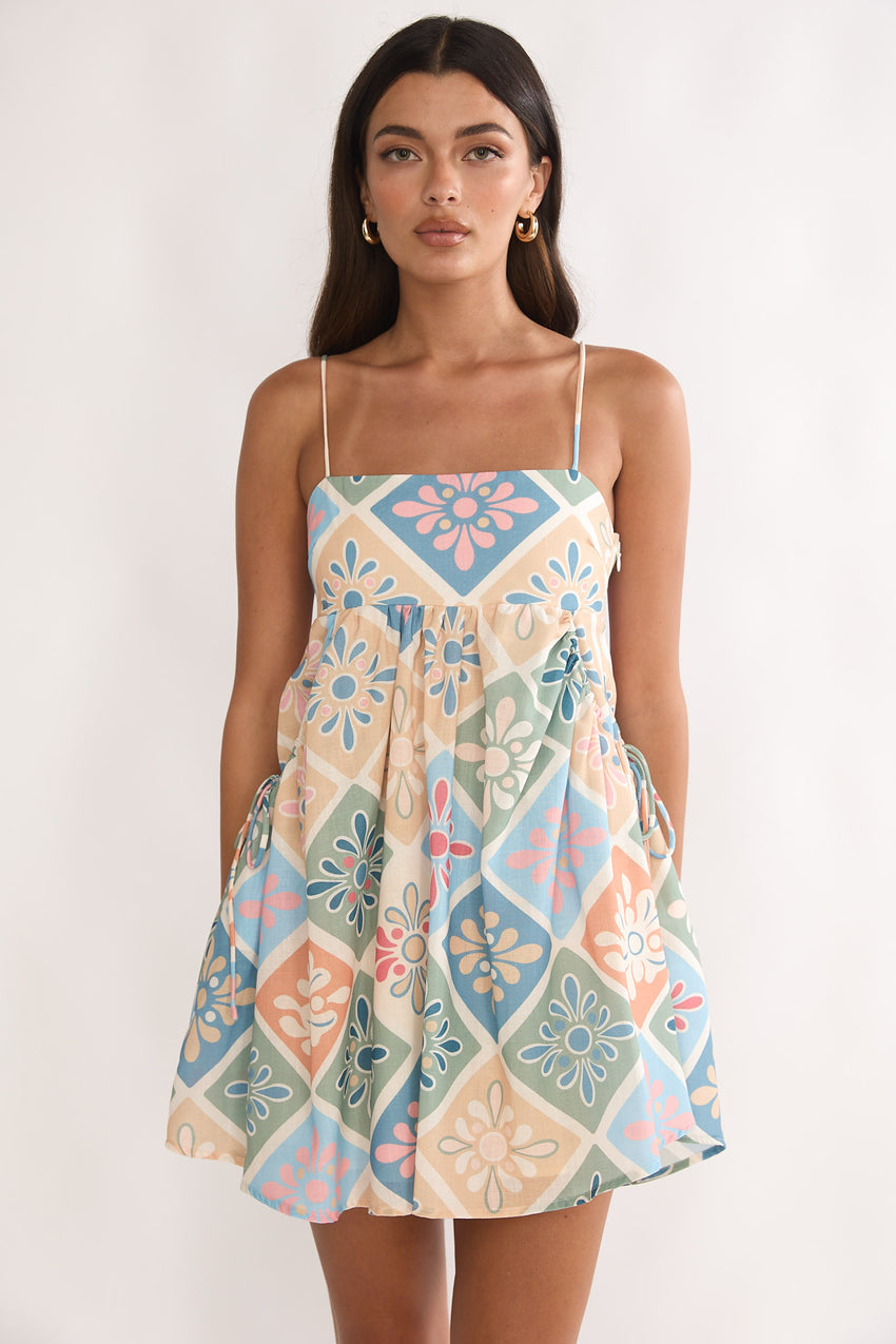 Terenza Tied Back Baby Doll Mini Dress Green Multi