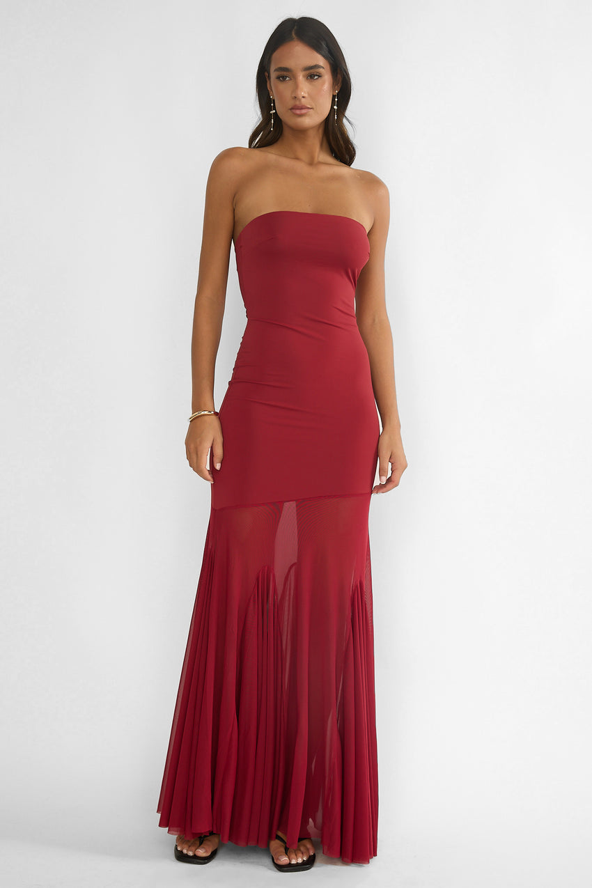 Velvet Rope Strapless Mesh Maxi Dress Wine