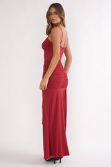 Lunara Ruched Cascade Sash Dress Wine