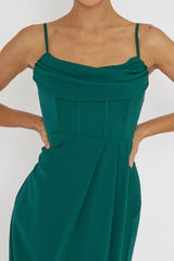 Patrice Draped Neck Split Midi Dress Forest Green