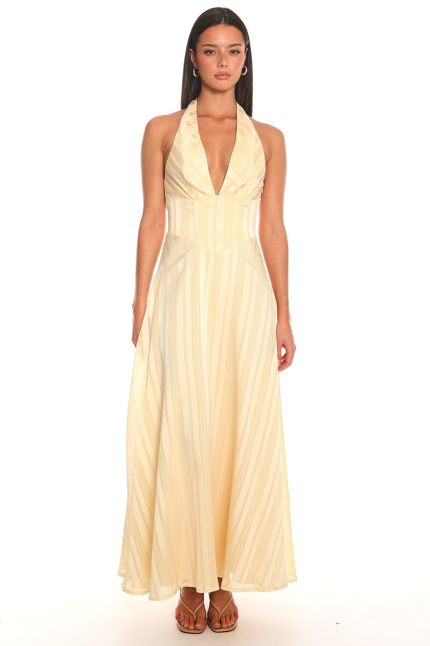 Sunstripe Plunge Halter Maxi Dress Yellow