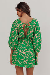 Sugar Coat Print Puff Sleeves Mini Dress Green