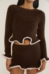 Pailin Lettuce Edge Knit Top Brown
