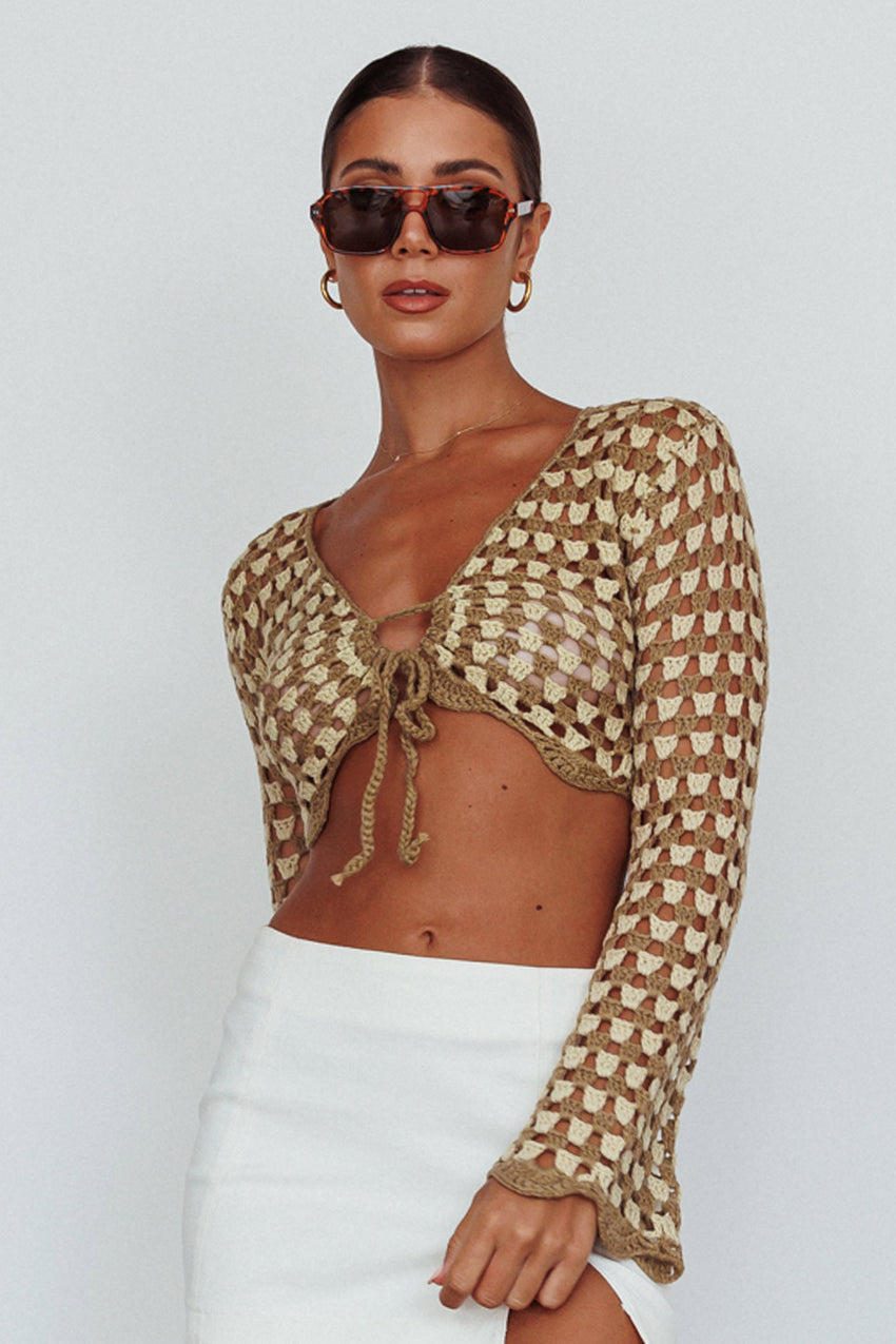 Maycie Long Sleeve Crochet Crop Top Taupe Multi