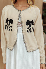 Early Snow Blanket Stitch Bow Cardigan Ecru