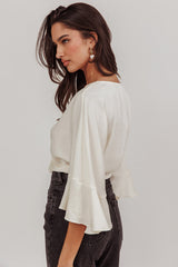 Rejoice Flounce Sleeve Knot Top Ivory