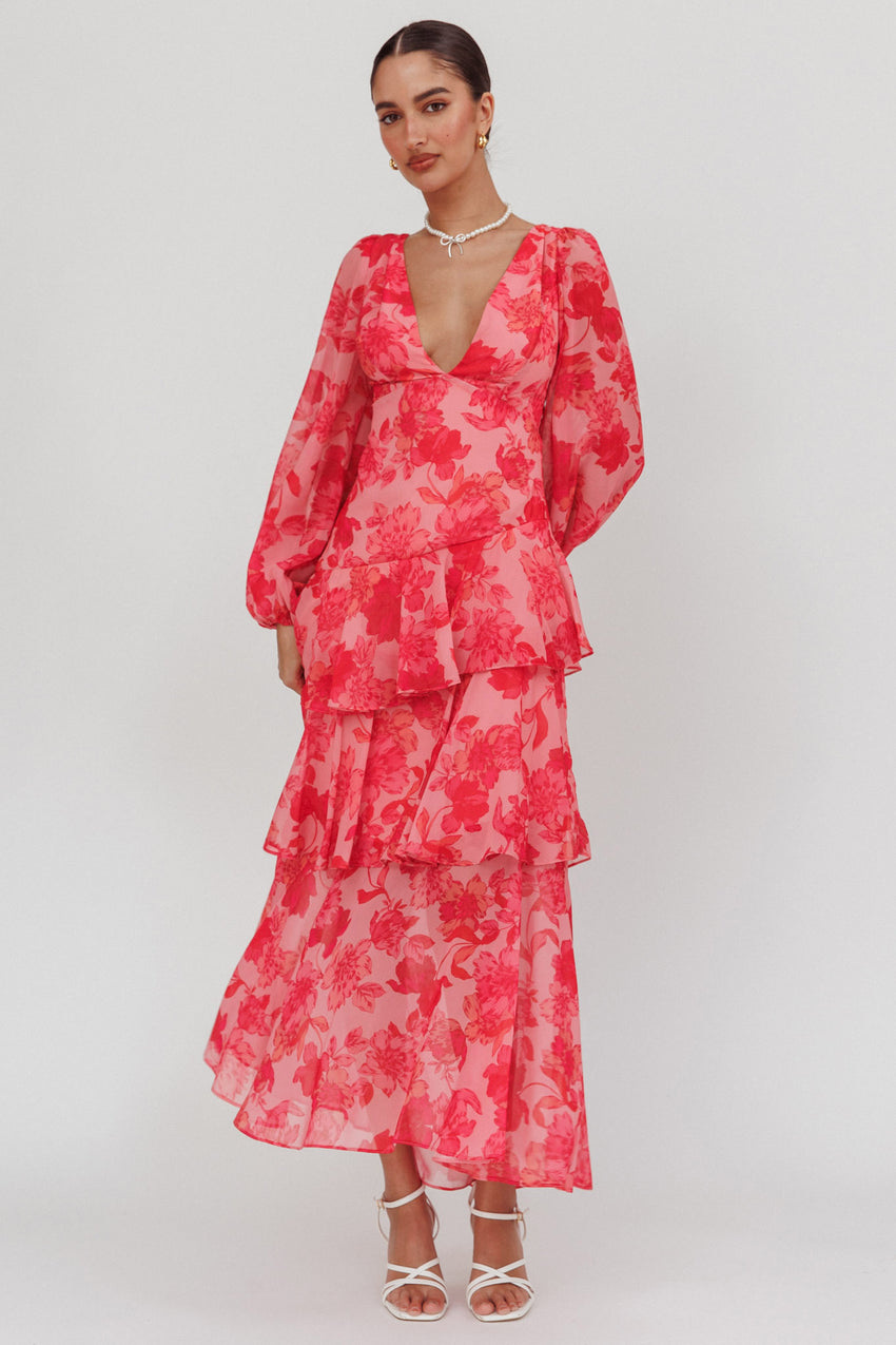 Veda Long Sleeve Floral Tiered Ruffle Maxi Dress Pink