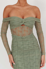 Oliana Off-Shoulder Mesh Maxi Dress Fern