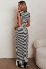 Same Place Fringed Knit Maxi Dress Black