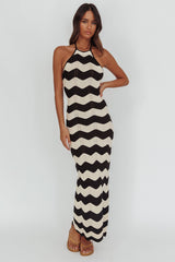 Yelena Halter Neck Knit  Maxi Dress Zig-Zag Cream