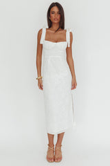 Cupid Tied Shoulder Embellished Midi Dress White