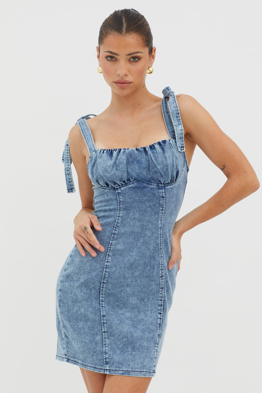 Harrison Tied Shoulder Mini Dress Denim Blue