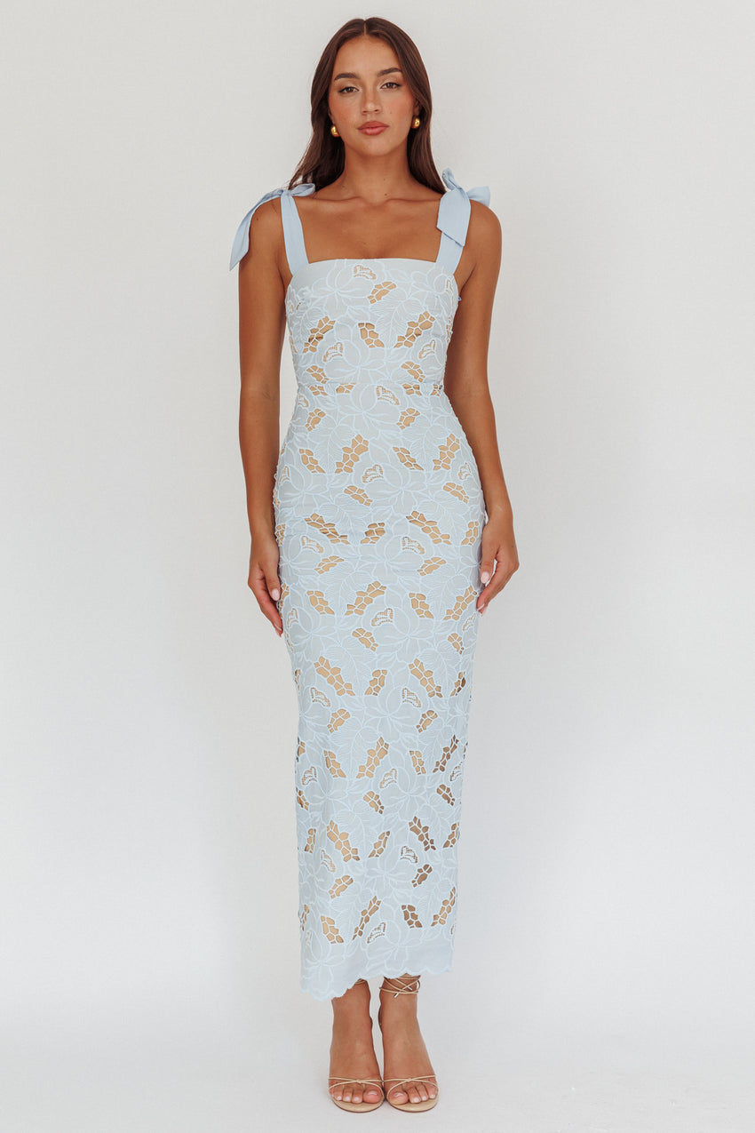 Coastal Bloom Tied Shoulder Maxi Dress Embroidered Baby Blue