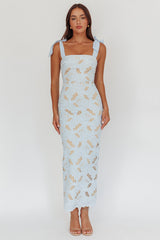 Coastal Bloom Tied Shoulder Maxi Dress Embroidered Baby Blue