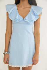 Unpredictable Layered Ruffle Neckline Mini Dress Blue