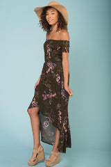 Summer Picnic Floral Print High Low Midi Dress Khaki